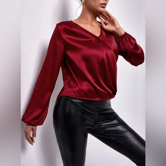 NEW - Elegant‎ Burgundy Satin Blouse - Picture 4 of 6